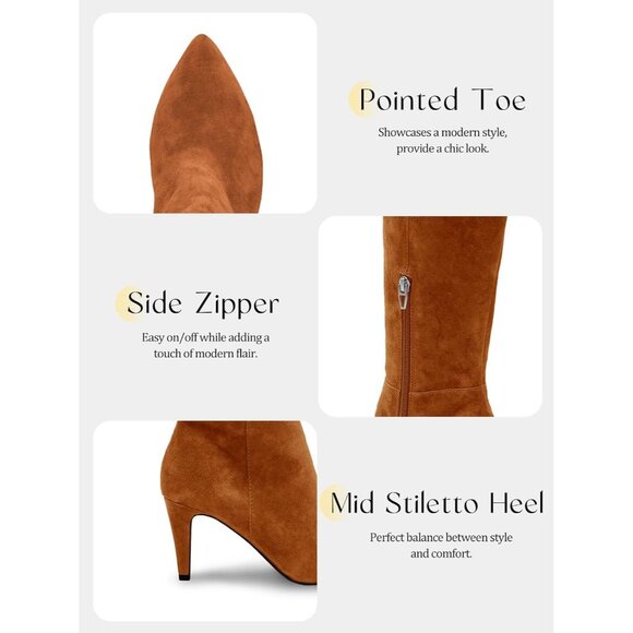 ⚡Women's Brown Wide Calf Knee High Boots High Heel Pointed Toe Side Zipper - Picture 5 of 5